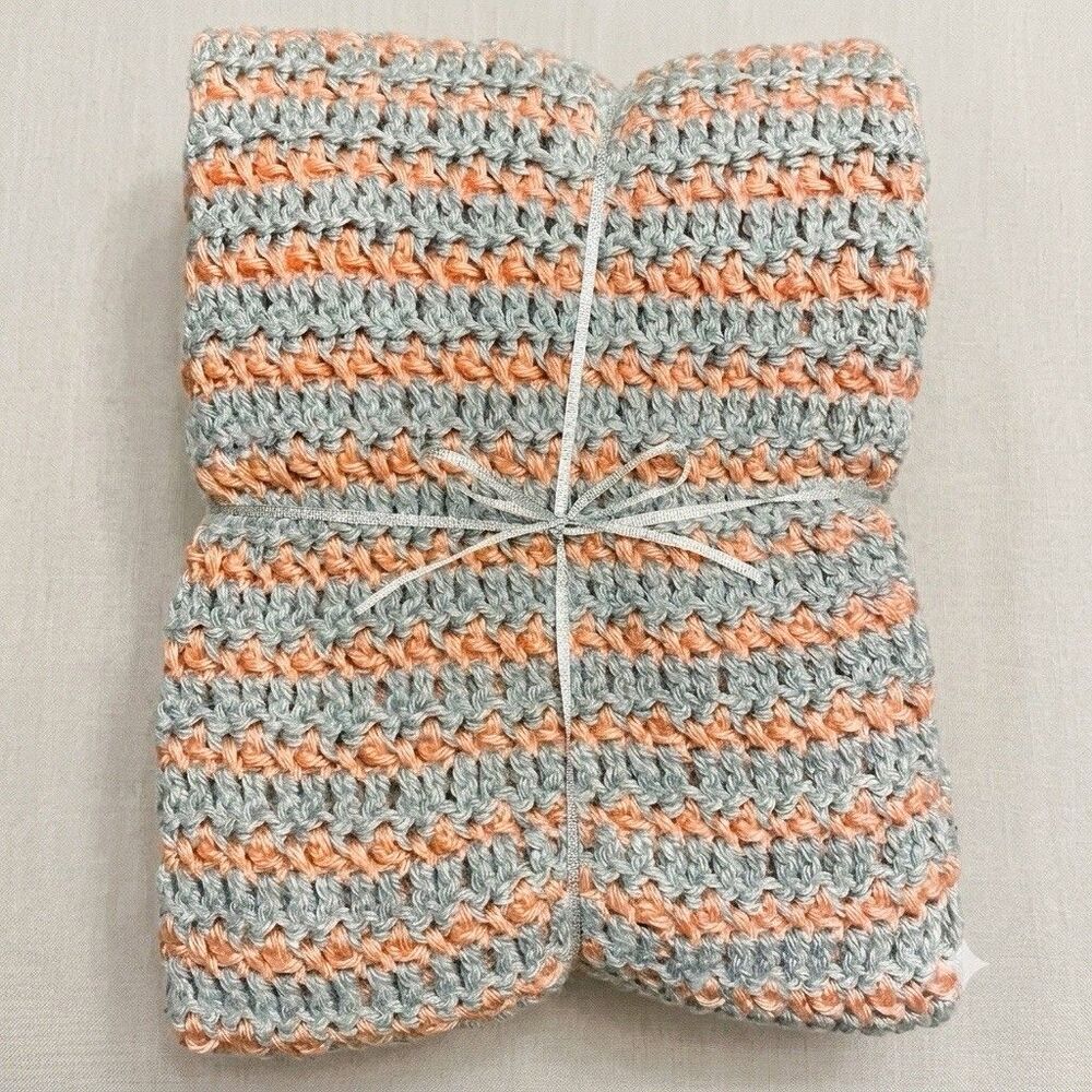 Handmade Crochet Baby Blanket Pink Grey Striped Afghan Vintage Style Nursery